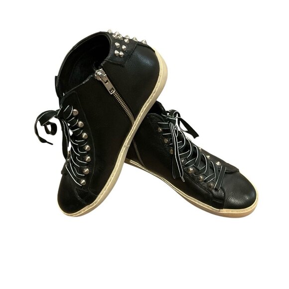 Leather Crown Studborn black Mid top Sneakers Silver Metal Studs Zipper Size 38 - Picture 4 of 12